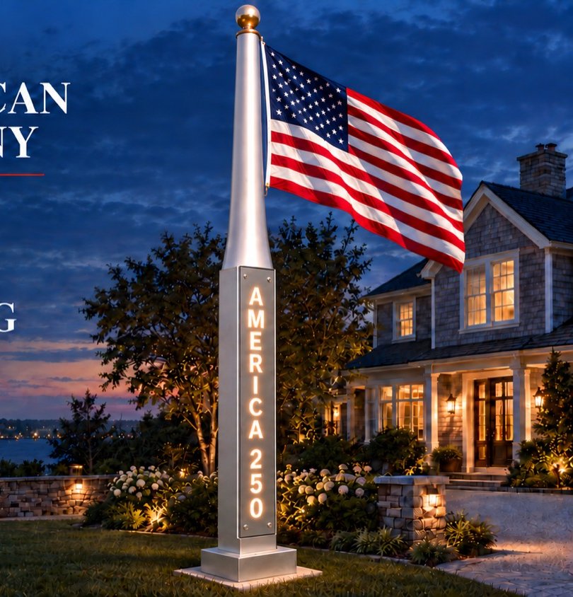 An illuminated flagpole at dusk outside a waterfront home, concept rendering
